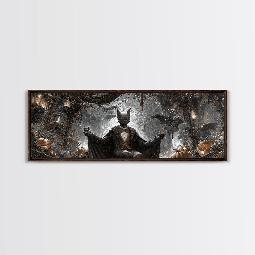 The Bat Umbrella Salesman, Extra Wide Wall Art, Macabre Wall Art, Framed Canvas Print, Halloween Wall Decor, Gothic Home Decor