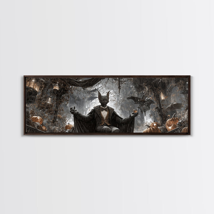 The Bat Umbrella Salesman, Extra Wide Wall Art, Macabre Wall Art, Framed Canvas Print, Halloween Wall Decor, Gothic Home Decor