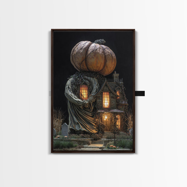 The Pumpkin-House Neighborhood, Vertical Wall Art, Macabre Wall Art, Framed Canvas Print, Halloween Wall Decor, Gothic Home Decor