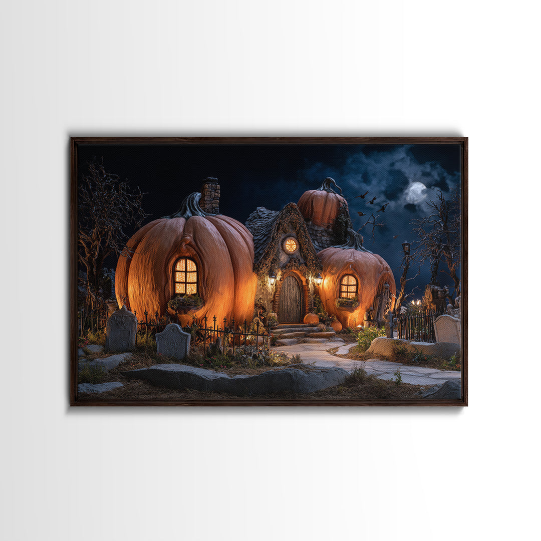The Pumpkin-House Neighborhood, Landscape Wall Art, Dark Halloween Decor, Canvas Print, Halloween Wall Decor, Gothic Home Decor