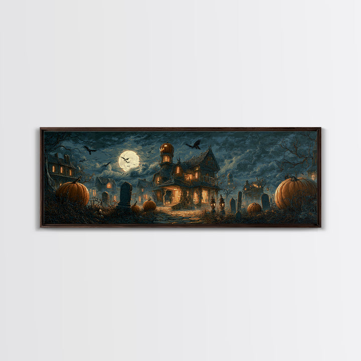 The Pumpkin-House Neighborhood, Extra Wide Wall Art, Spooky Home Decor, Canvas Print, Halloween Wall Decor, Gothic Home Decor