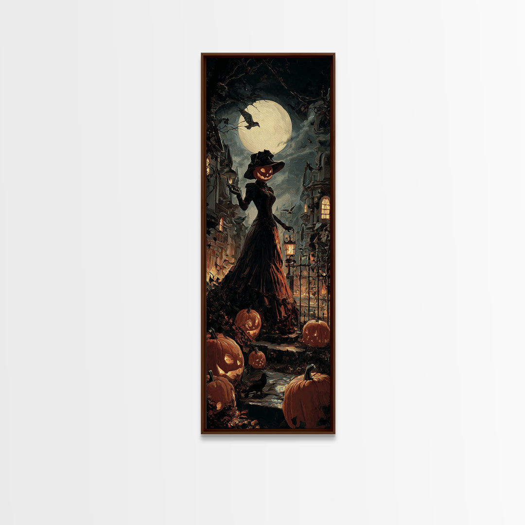 The Pumpkin-House Neighborhood, Tall Narrow Wall Art, Macabre Wall Art, Framed Canvas Print, Halloween Wall Decor, Gothic Home Decor