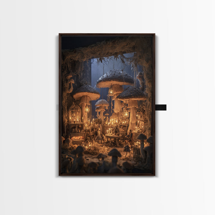 The Moonlit Mushroom Village, Vertical Wall Art, Dark Halloween Decor, Canvas Print, Halloween Wall Decor, Gothic Home Decor
