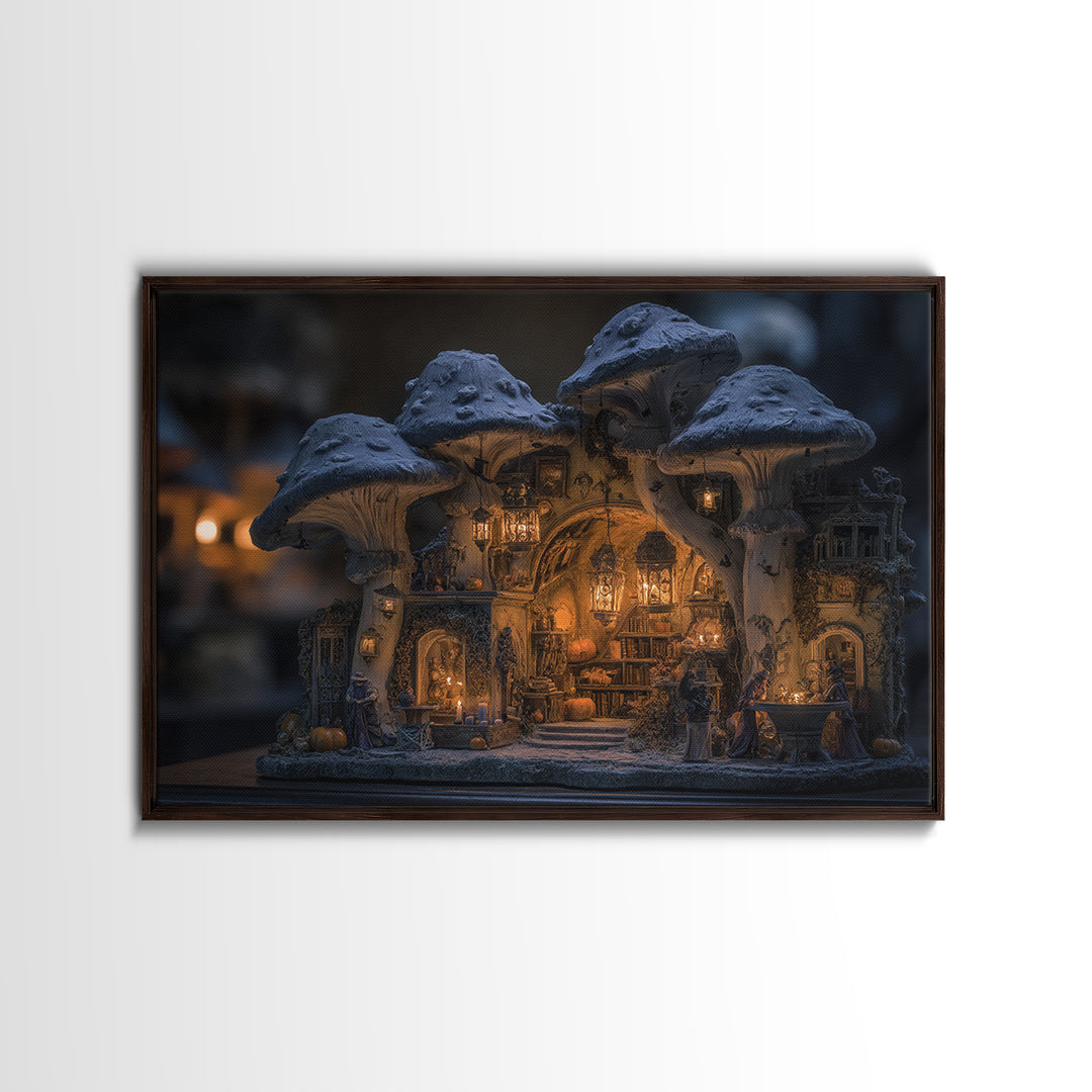 The Moonlit Mushroom Village, Landscape Wall Art, Dark Fantasy Wall Art, Canvas Print, Halloween Wall Decor, Gothic Home Decor