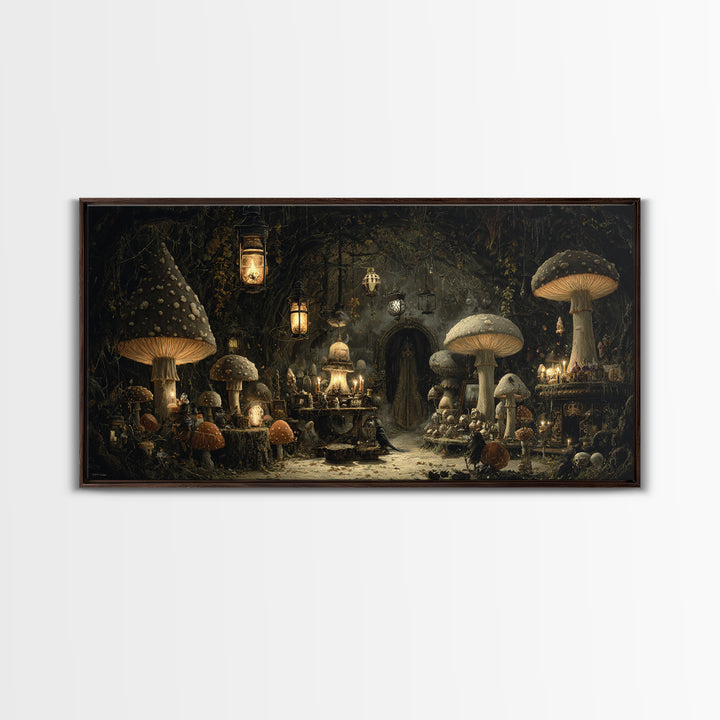 The Moonlit Mushroom Village, Wide Panoramic Art, Macabre Wall Art, Framed Canvas Print, Halloween Wall Decor, Gothic Home Decor
