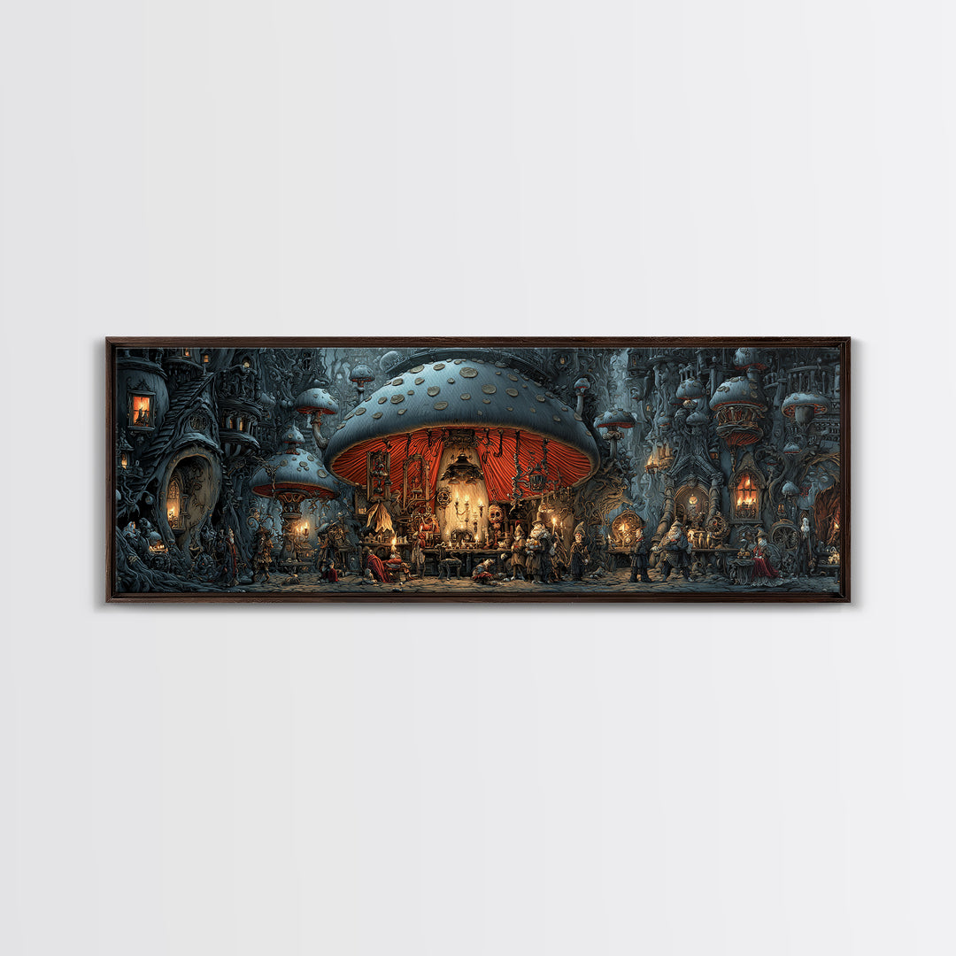 The Moonlit Mushroom Village, Extra Wide Wall Art, Gothic Horror Wall Art, Framed Canvas Print, Halloween Wall Decor, Gothic Home Decor