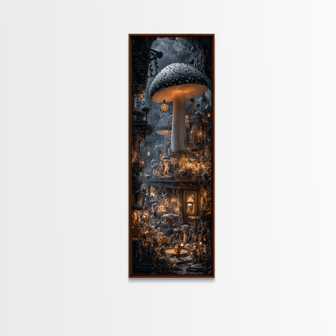 The Moonlit Mushroom Village, Tall Narrow Wall Art, Spooky Home Decor, Canvas Print, Halloween Wall Decor, Gothic Home Decor