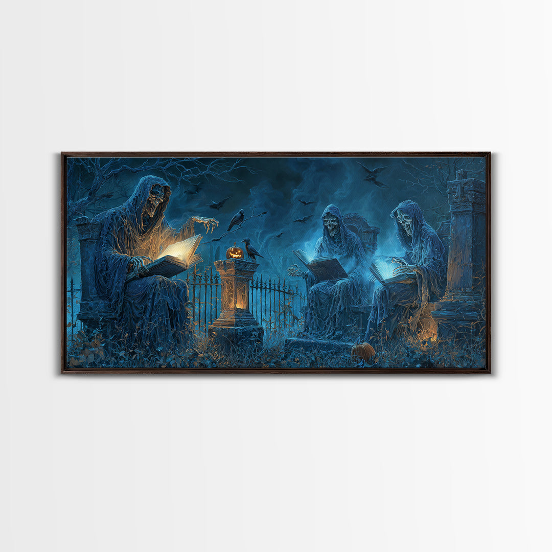 The Graveyard Book Club, Wide Panoramic Art, Macabre Wall Art, Framed Canvas Print, Halloween Wall Decor, Gothic Home Decor, Horror Wall Art