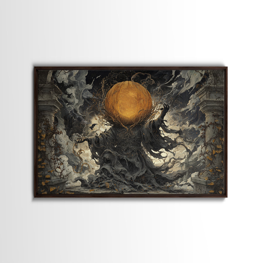 The Cosmic Pumpkin God, Landscape Wall Art, Haunted Gothic Art, Framed Canvas Print, Halloween Wall Decor, Gothic Home Decor