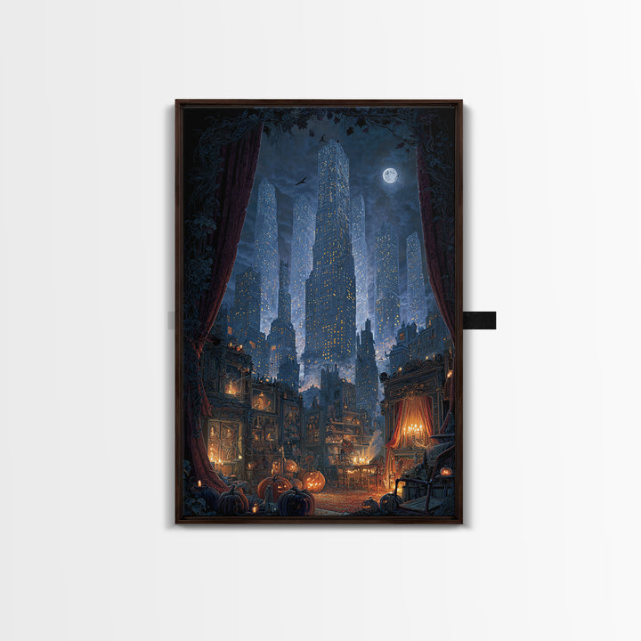 The Haunted City Skyline, Vertical Wall Art, Haunted Gothic Art, Framed Canvas Print, Halloween Wall Decor, Gothic Home Decor