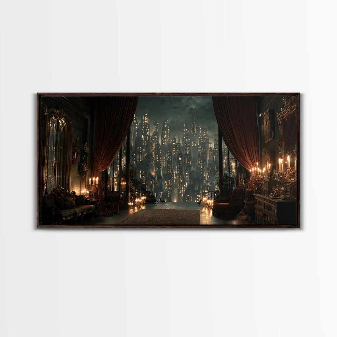 The Haunted City Skyline, Wide Panoramic Art, Dark Fantasy Wall Art, Canvas Print, Halloween Wall Decor, Gothic Home Decor