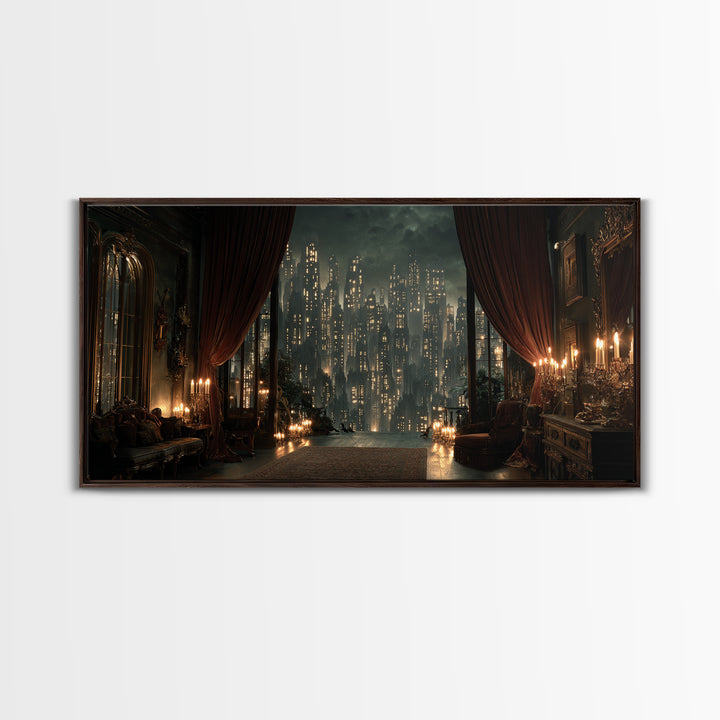 The Haunted City Skyline, Wide Panoramic Art, Dark Fantasy Wall Art, Canvas Print, Halloween Wall Decor, Gothic Home Decor