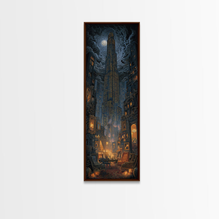 The Haunted City Skyline, Tall Narrow Wall Art, Haunted Gothic Art, Framed Canvas Print, Halloween Wall Decor, Gothic Home Decor