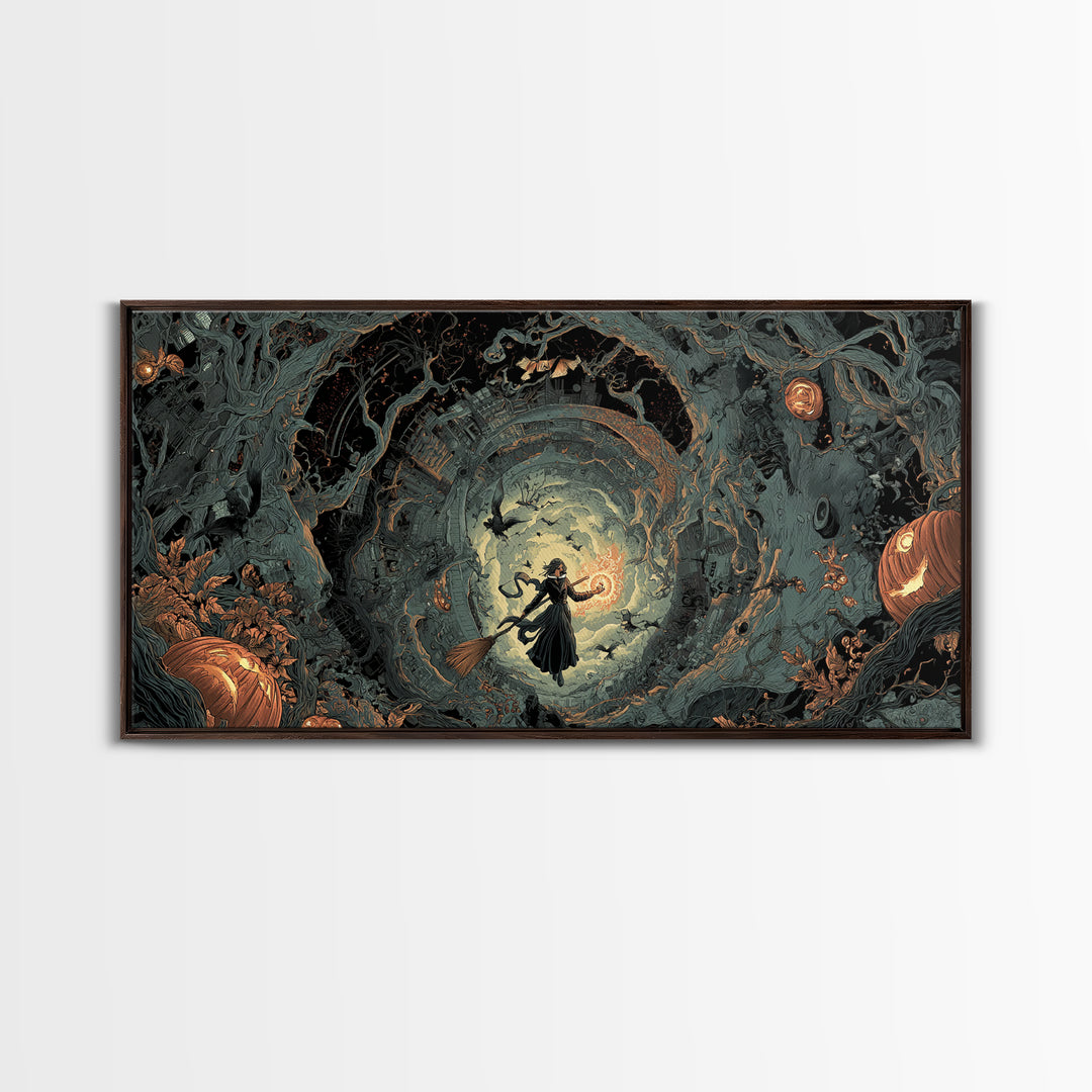The Cyberpunk Witch, Wide Panoramic Art, Haunted Gothic Art, Framed Canvas Print, Halloween Wall Decor, Gothic Home Decor