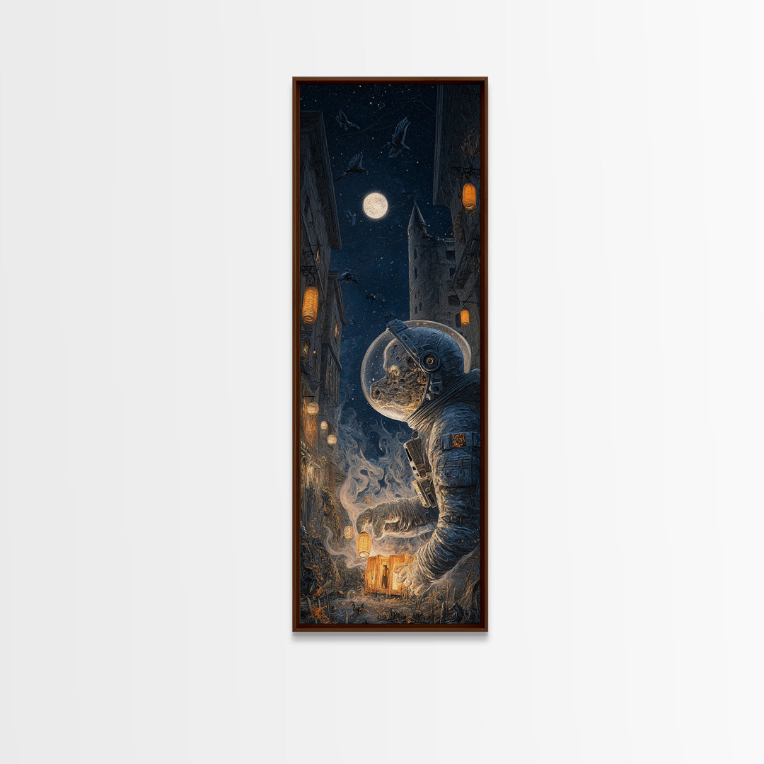 The Astronaut Ghost, Tall Narrow Wall Art, Macabre Wall Art, Framed Canvas Print, Halloween Wall Decor, Gothic Home Decor