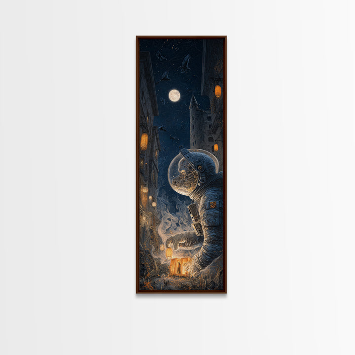 The Astronaut Ghost, Tall Narrow Wall Art, Macabre Wall Art, Framed Canvas Print, Halloween Wall Decor, Gothic Home Decor