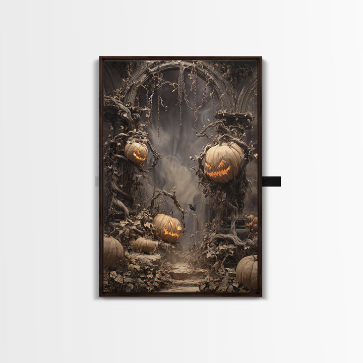 The Alien Pumpkin Patch, Vertical Wall Art, Haunted Gothic Art, Framed Canvas Print, Halloween Wall Decor, Gothic Home Decor