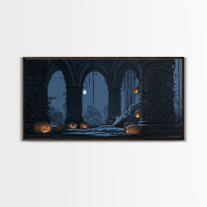 The Alien Pumpkin Patch, Wide Panoramic Art, Gothic Horror Wall Art, Framed Canvas Print, Halloween Wall Decor, Gothic Home Decor