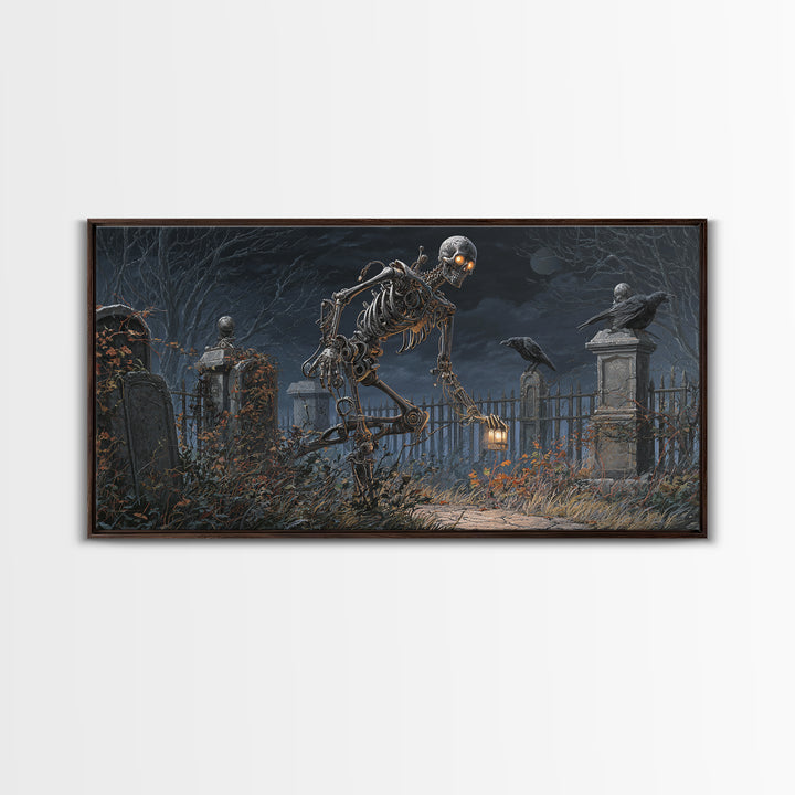 The Biomechanical Skeleton, Wide Panoramic Art, Gothic Horror Wall Art, Framed Canvas Print, Halloween Wall Decor, Gothic Home Decor
