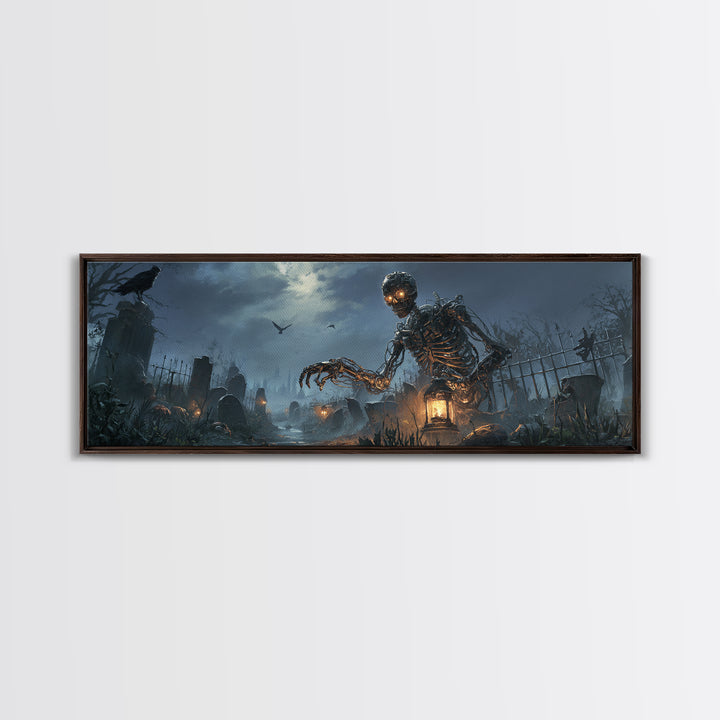 The Biomechanical Skeleton, Extra Wide Wall Art, Dark Fantasy Wall Art, Canvas Print, Halloween Wall Decor, Gothic Home Decor