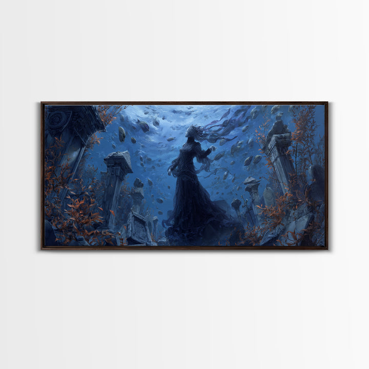 The Underwater Graveyard, Wide Panoramic Art, Haunted Gothic Art, Framed Canvas Print, Halloween Wall Decor, Gothic Home Decor