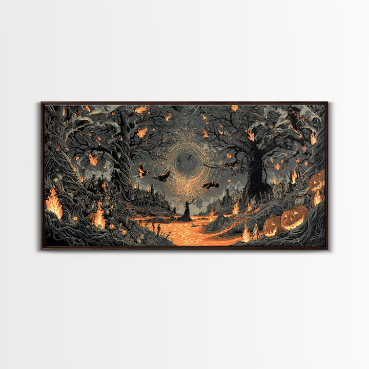 The Volcanic Demon Festival, Wide Panoramic Art, Haunted Gothic Art, Framed Canvas Print, Halloween Wall Decor, Gothic Home Decor