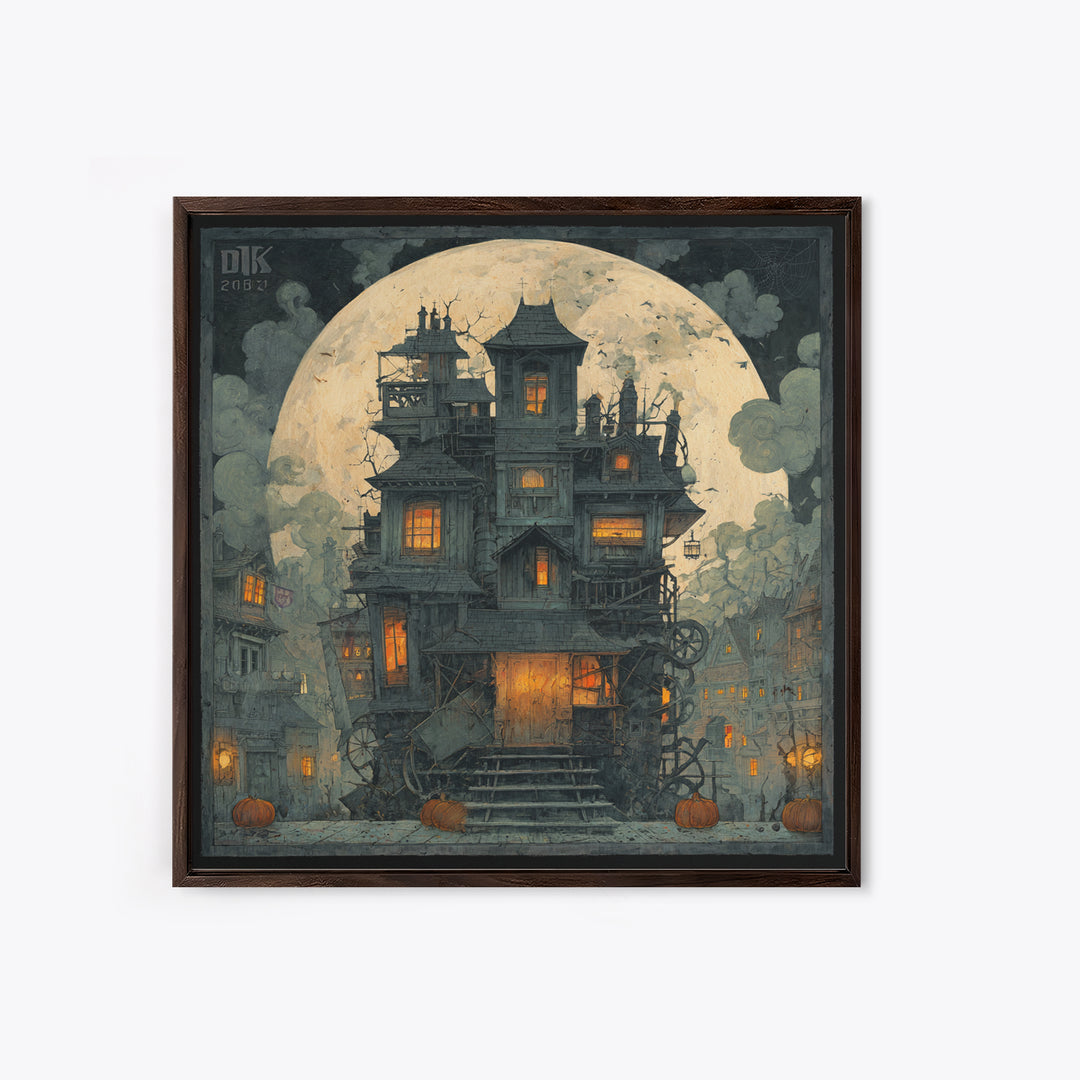 The Clockwork Haunted House, Square Wall Art, Dark Fantasy Wall Art, Canvas Print, Halloween Wall Decor, Gothic Home Decor
