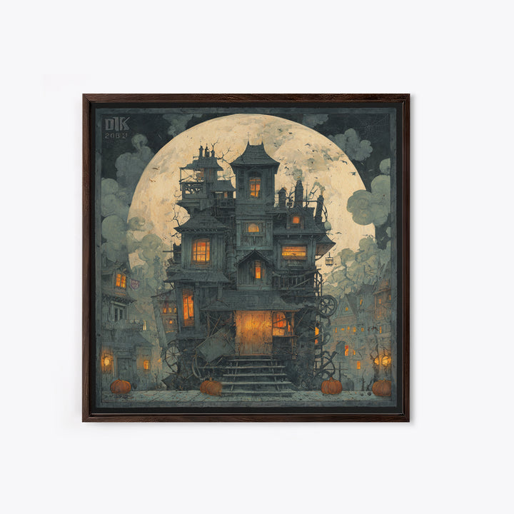 The Clockwork Haunted House, Square Wall Art, Dark Fantasy Wall Art, Canvas Print, Halloween Wall Decor, Gothic Home Decor