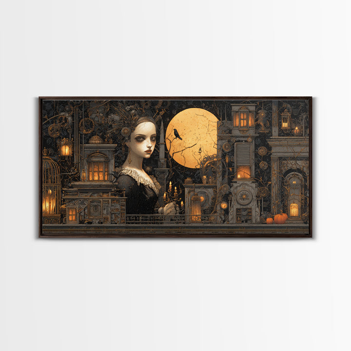 The Clockwork Haunted House, Wide Panoramic Art, Dark Halloween Decor, Canvas Print, Halloween Wall Decor, Gothic Home Decor