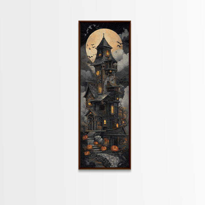 The Clockwork Haunted House, Tall Narrow Wall Art, Dark Fantasy Wall Art, Canvas Print, Halloween Wall Decor, Gothic Home Decor