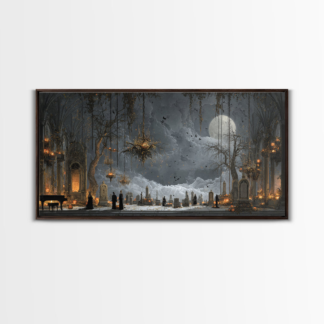 The Upside-Down Cemetery, Wide Panoramic Art, Macabre Wall Art, Framed Canvas Print, Halloween Wall Decor, Gothic Home Decor