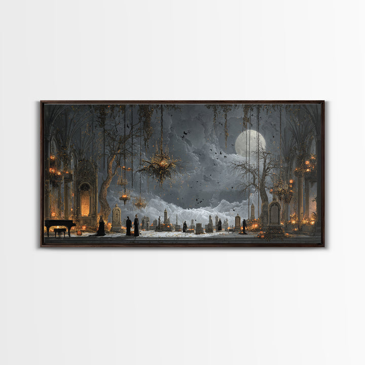 The Upside-Down Cemetery, Wide Panoramic Art, Macabre Wall Art, Framed Canvas Print, Halloween Wall Decor, Gothic Home Decor