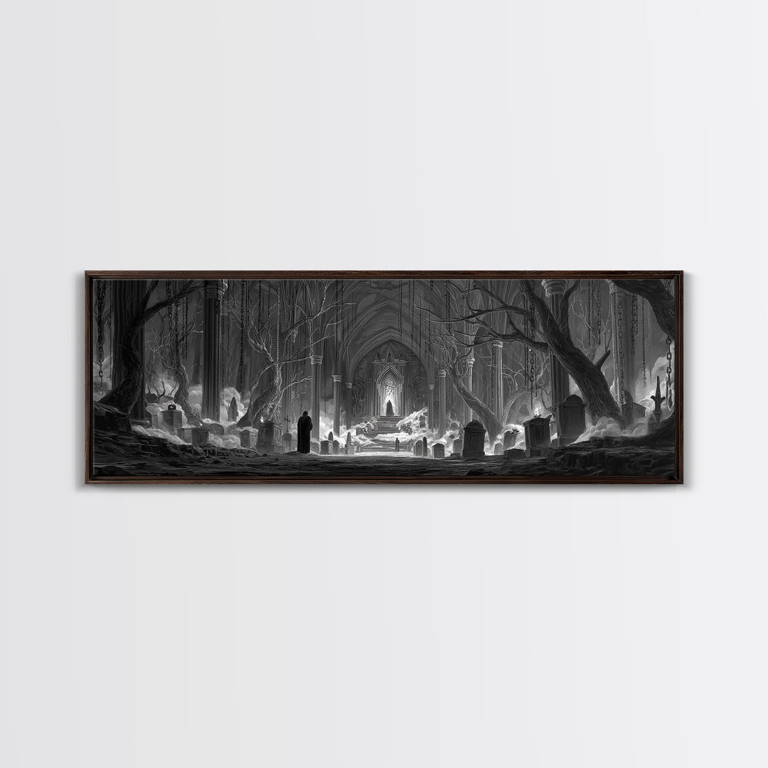 The Upside-Down Cemetery, Extra Wide Wall Art, Gothic Horror Wall Art, Framed Canvas Print, Halloween Wall Decor, Gothic Home Decor