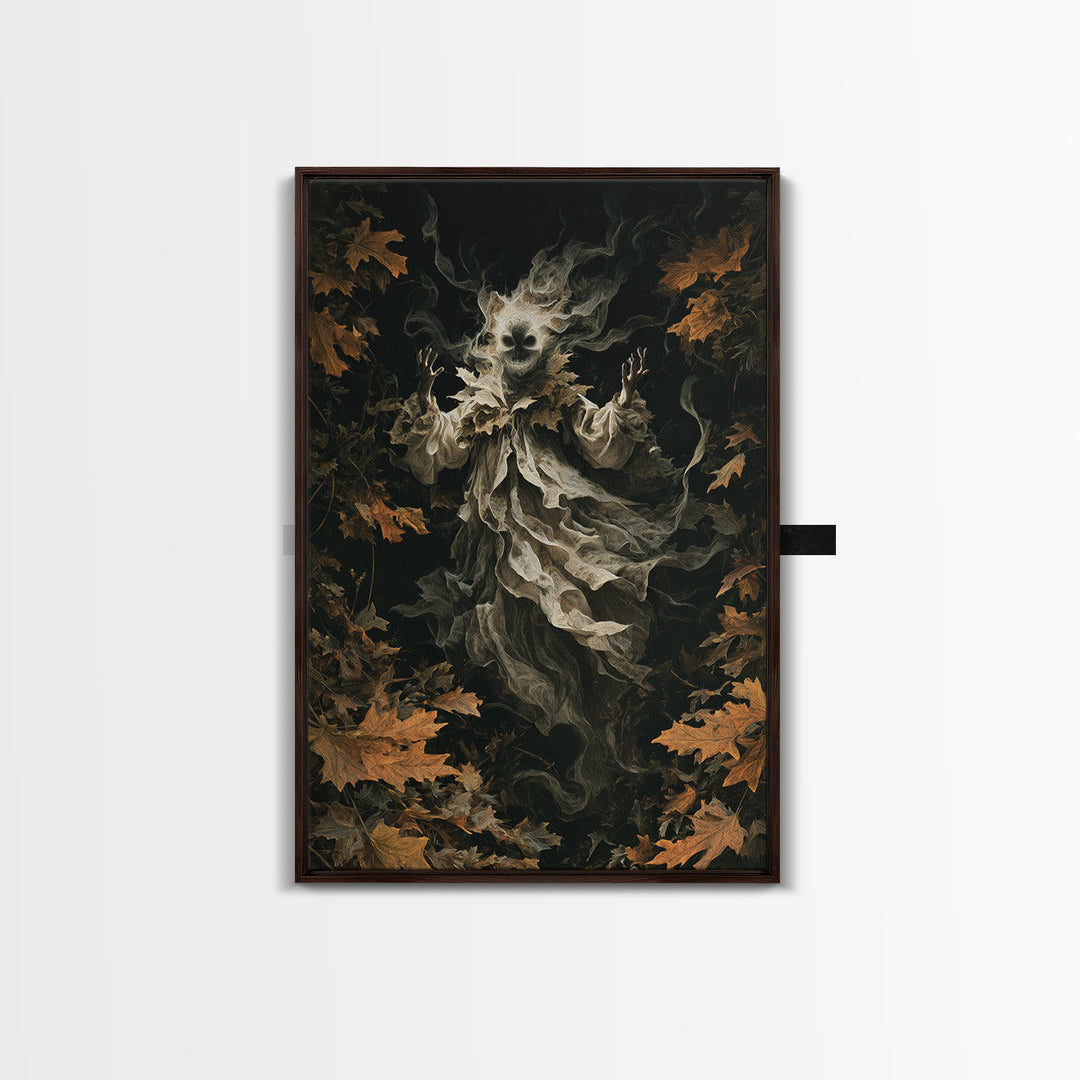 The Autumn-Leaf Ghost, Vertical Wall Art, Gothic Horror Wall Art, Framed Canvas Print, Halloween Wall Decor, Gothic Home Decor