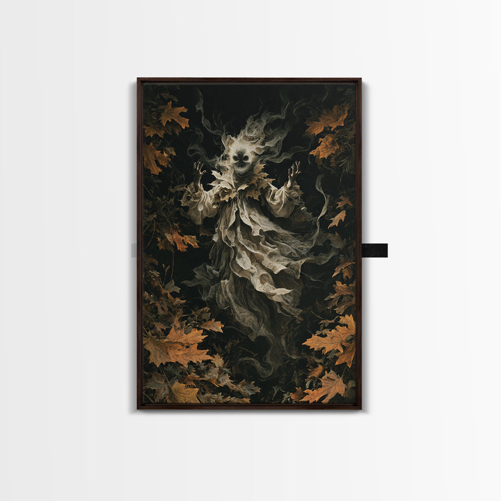 The Autumn-Leaf Ghost, Vertical Wall Art, Gothic Horror Wall Art, Framed Canvas Print, Halloween Wall Decor, Gothic Home Decor