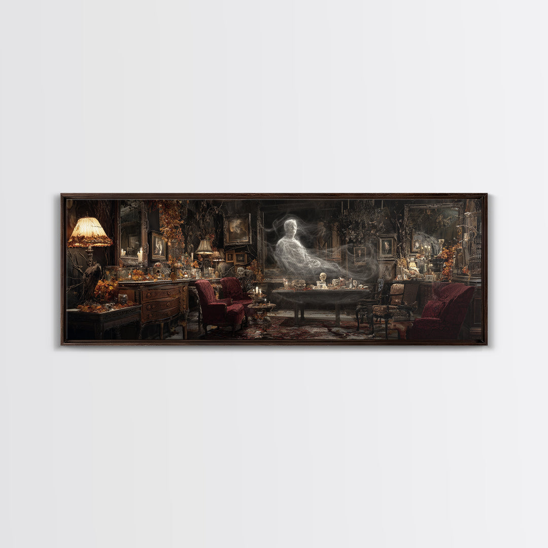 The Autumn-Leaf Ghost, Extra Wide Wall Art, Haunted Gothic Art, Framed Canvas Print, Halloween Wall Decor, Gothic Home Decor