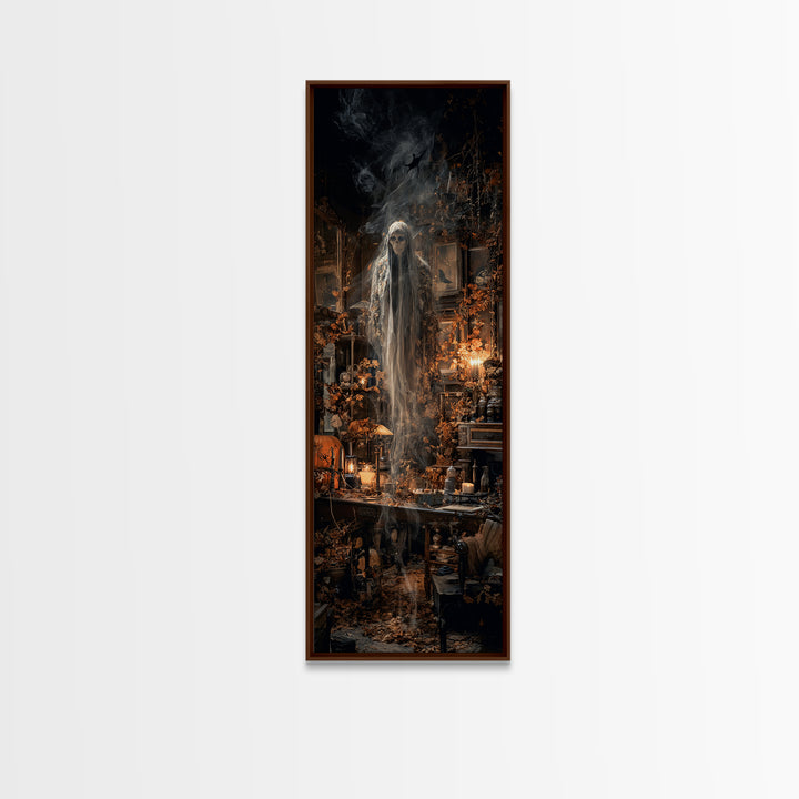 The Autumn-Leaf Ghost, Tall Narrow Wall Art, Macabre Wall Art, Framed Canvas Print, Halloween Wall Decor, Gothic Home Decor