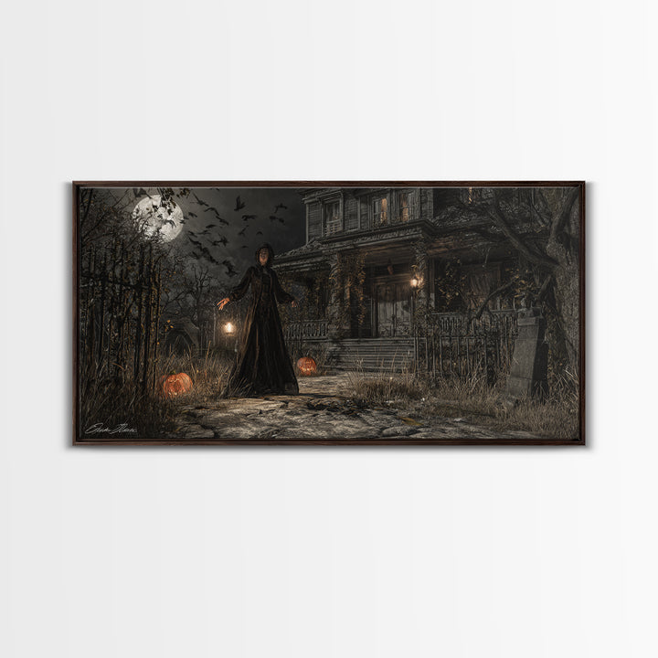 The Last House At The World'S Edge, Wide Panoramic Art, Haunted Gothic Art, Framed Canvas Print, Halloween Wall Decor, Gothic Home Decor