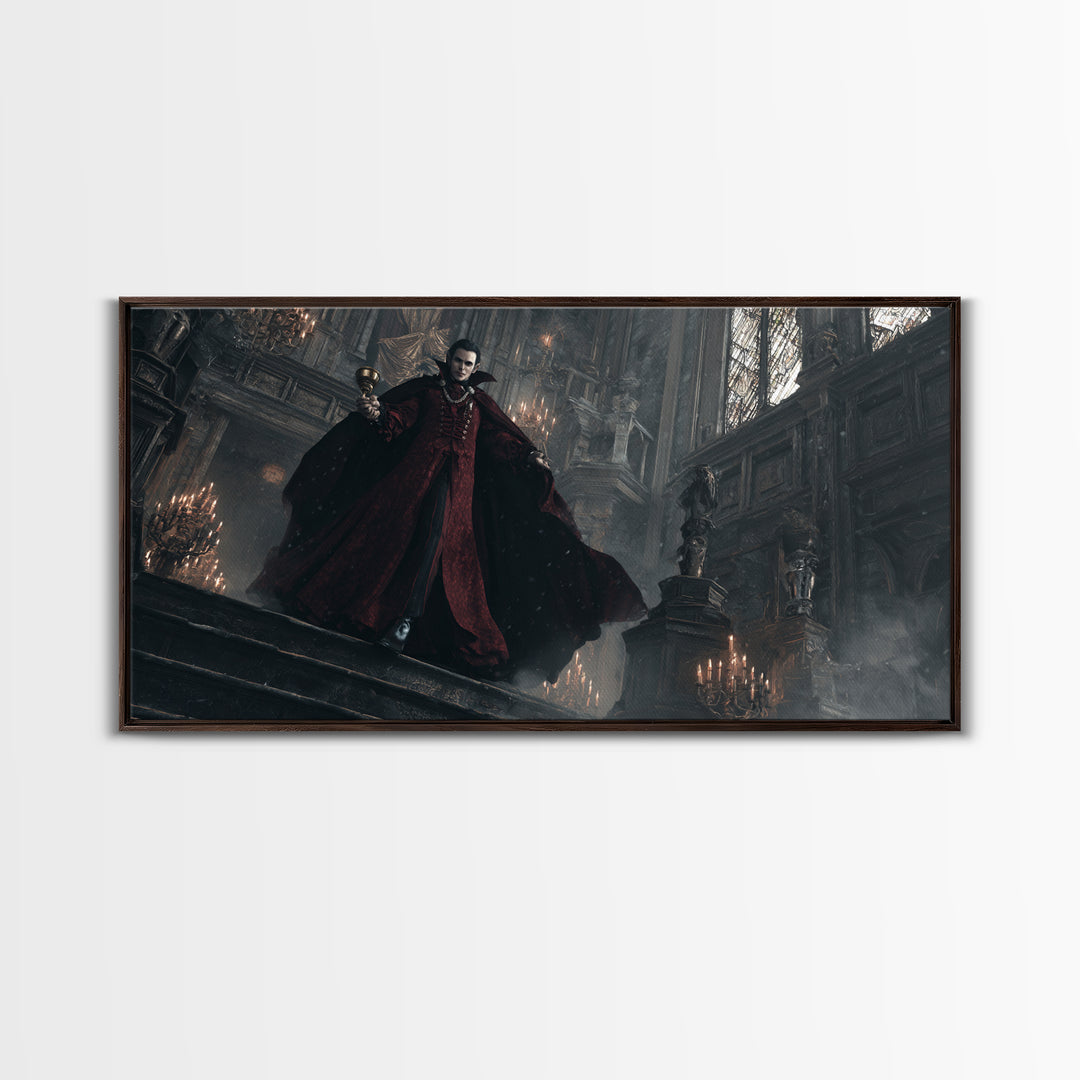The Crimson Count Of Hollow Keep, Wide Panoramic Art, Gothic Horror Wall Art, Framed Canvas Print, Halloween Wall Decor, Gothic Home Decor