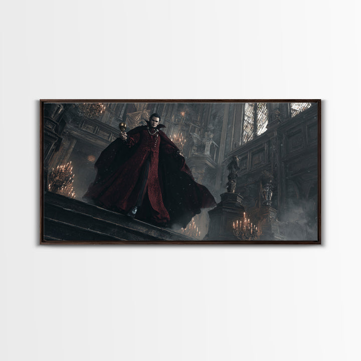 The Crimson Count Of Hollow Keep, Wide Panoramic Art, Gothic Horror Wall Art, Framed Canvas Print, Halloween Wall Decor, Gothic Home Decor