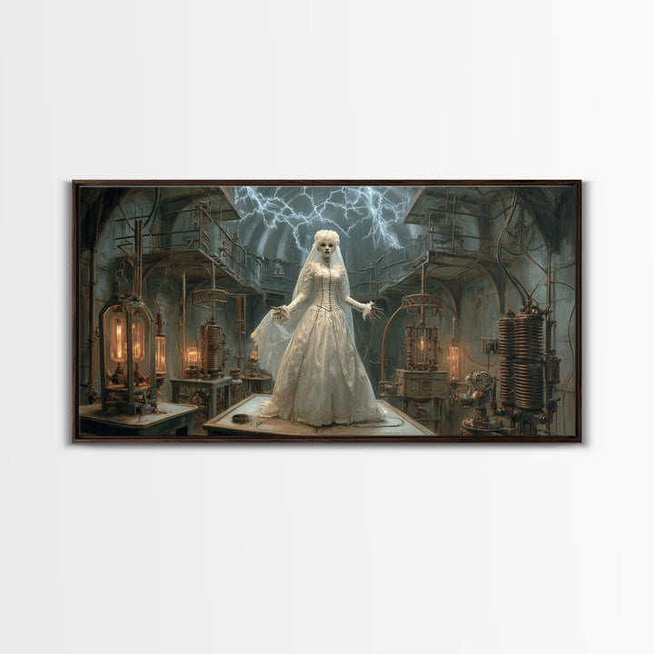 The Stitched Bride Of Thunder Hall, Wide Panoramic Art, Dark Fantasy Wall Art, Canvas Print, Halloween Wall Decor, Gothic Home Decor