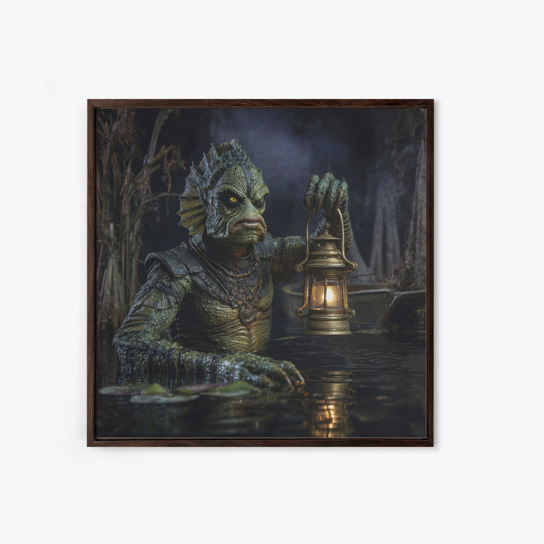 The Creature Of Lantern Lagoon, Square Wall Art, Macabre Wall Art, Framed Canvas Print, Halloween Wall Decor, Gothic Home Decor