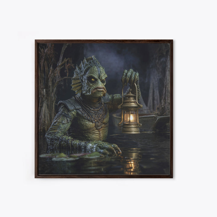 The Creature Of Lantern Lagoon, Square Wall Art, Macabre Wall Art, Framed Canvas Print, Halloween Wall Decor, Gothic Home Decor