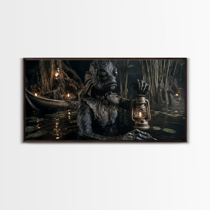 The Creature Of Lantern Lagoon, Wide Panoramic Art, Haunted Gothic Art, Framed Canvas Print, Halloween Wall Decor, Gothic Home Decor