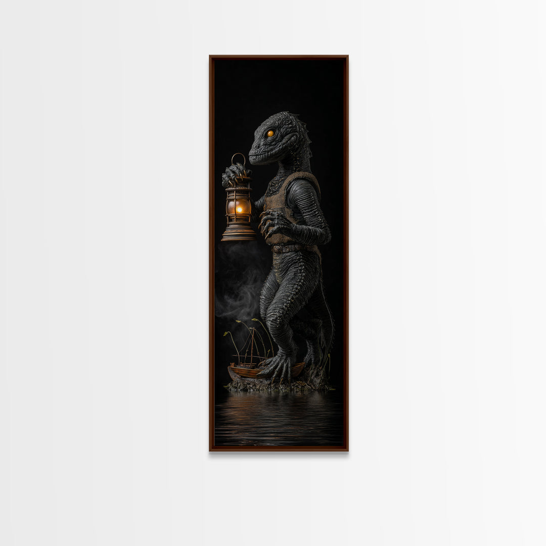The Creature Of Lantern Lagoon, Tall Narrow Wall Art, Haunted Gothic Art, Framed Canvas Print, Halloween Wall Decor, Gothic Home Decor