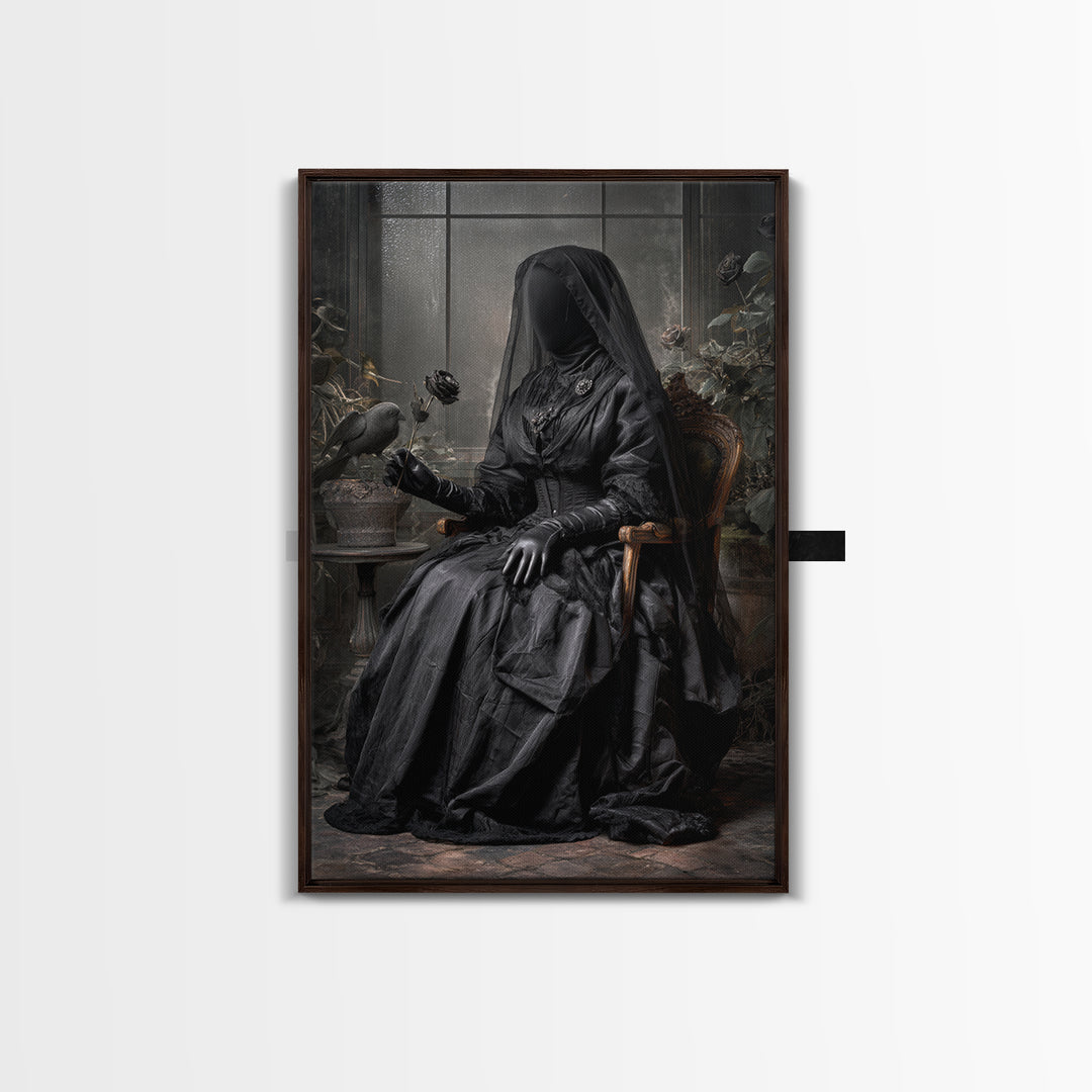 The Invisible Mourner Of Glass House, Vertical Wall Art, Haunted Gothic Art, Framed Canvas Print, Halloween Wall Decor, Gothic Home Decor