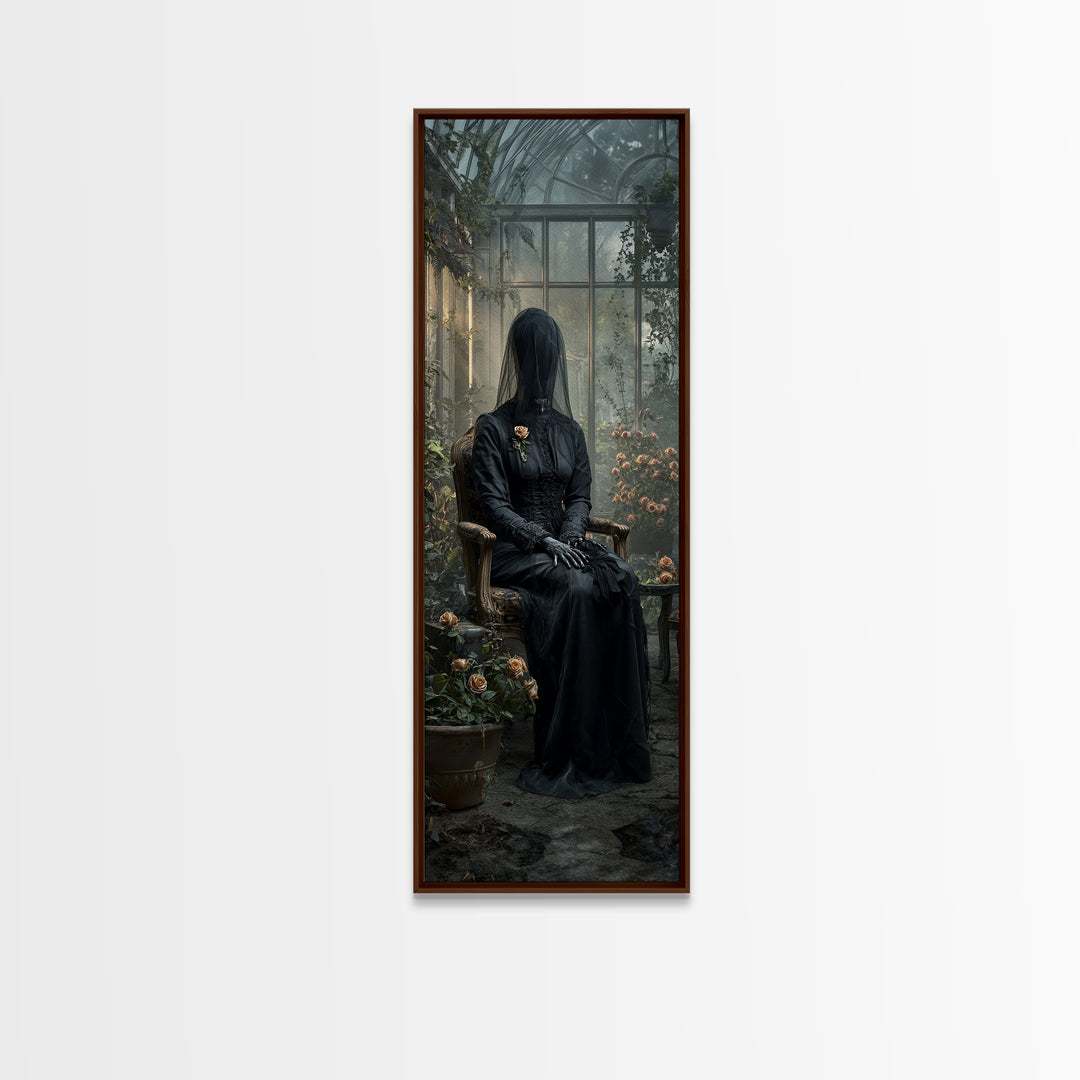 The Invisible Mourner Of Glass House, Tall Narrow Wall Art, Haunted Gothic Art, Framed Canvas Print, Halloween Wall Decor, Gothic Home Decor