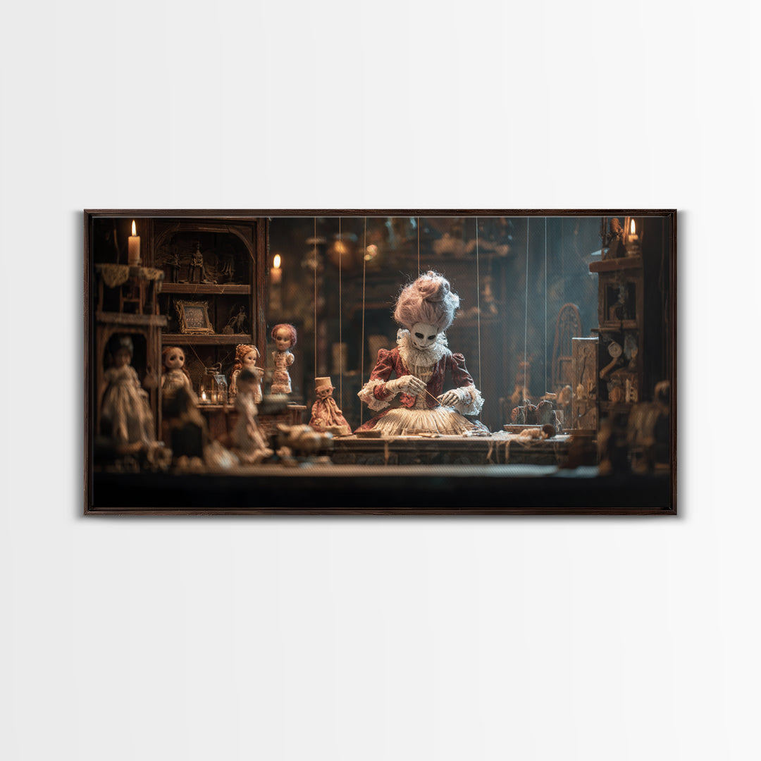 The Dollmaker Of Hollow Ward, Wide Panoramic Art, Macabre Wall Art, Framed Canvas Print, Halloween Wall Decor, Gothic Home Decor