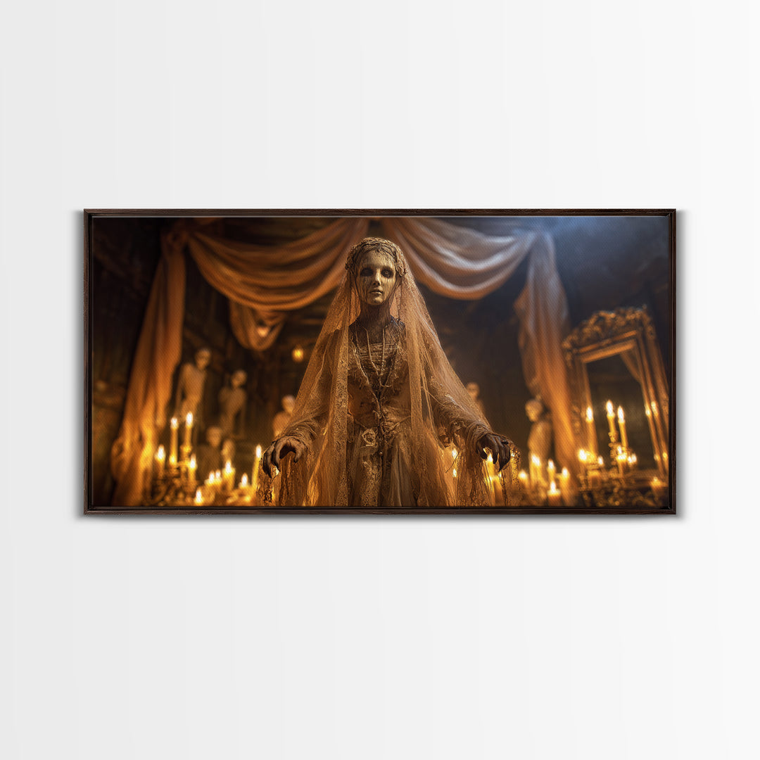 The Wax Bride Of Mourning Hall, Wide Panoramic Art, Macabre Wall Art, Framed Canvas Print, Halloween Wall Decor, Gothic Home Decor