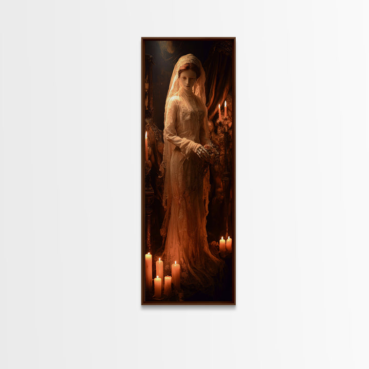 The Wax Bride Of Mourning Hall, Tall Narrow Wall Art, Macabre Wall Art, Framed Canvas Print, Halloween Wall Decor, Gothic Home Decor